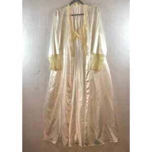 Flora Nikrooz Satin Lace Robe Chemise Slip 2pc Set Ivory Cream Bridal Lingerie